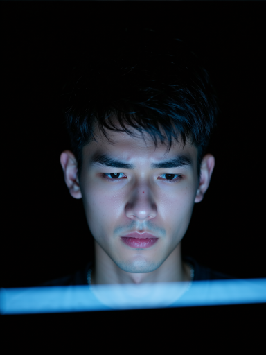 三十岁左右男性开发者头像，穿黑色高领毛衣，深色背景带有蓝色霓虹灯光效果