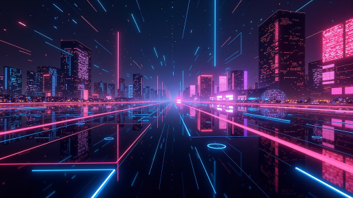 科幻风格游戏界面截图，深蓝色背景带有紫色光效，显示未来城市景观